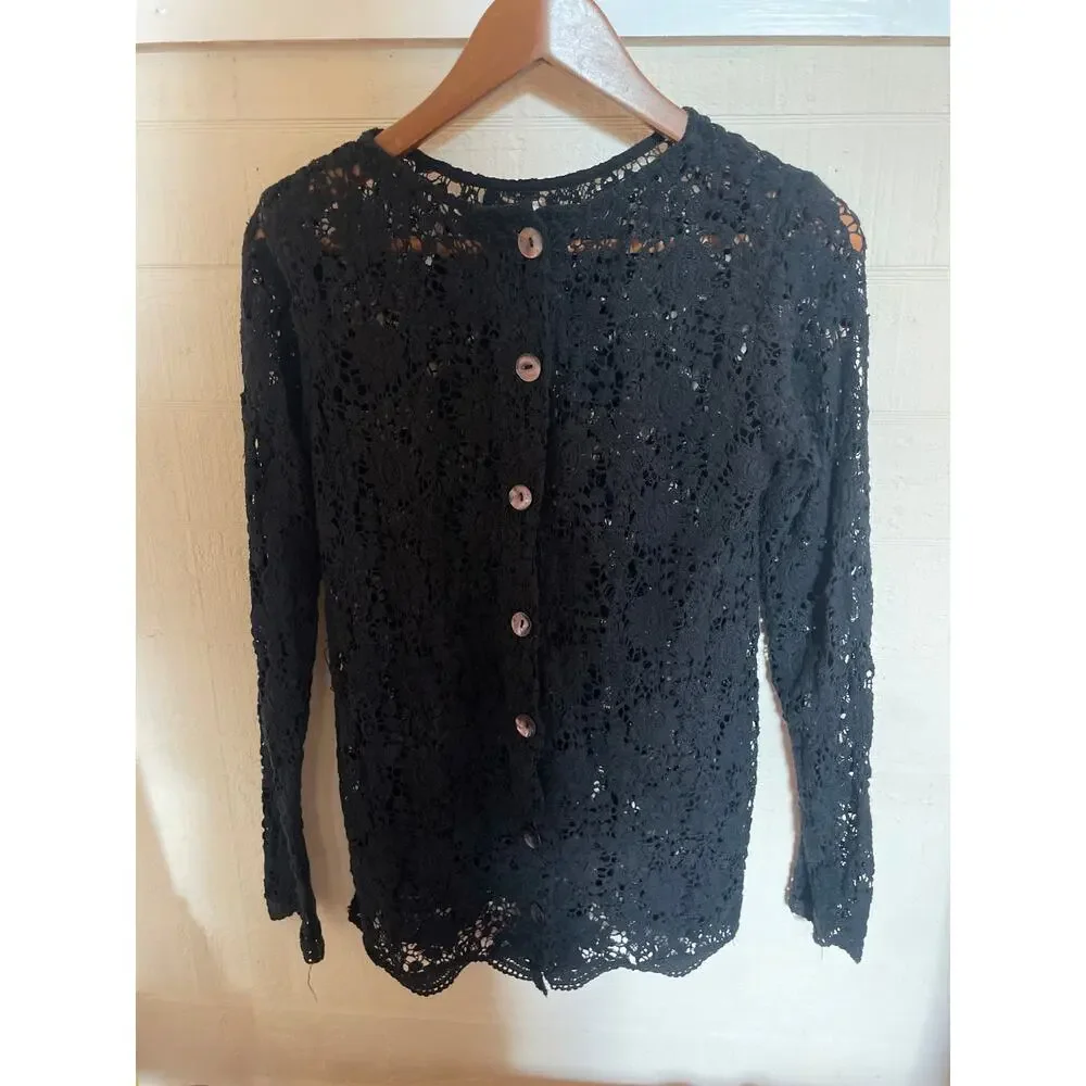 FREE PEOPLE Crochet Knit Top Size XS Back Button Cardigan ROMANTIC Black